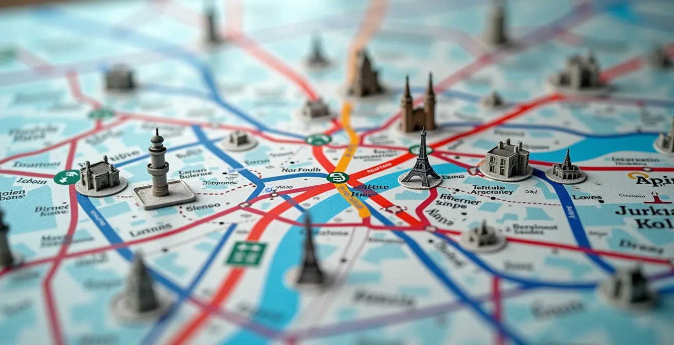 Creative visual concept of a smart Paris bus tour itinerary planning with maps and landmarks connected