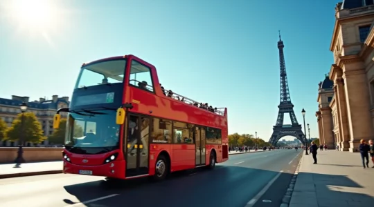Panoramic view of a Parisian double-decker hop-on hop-off bus passing iconic landmarks like the Eiffel Tower and the Louvre in bright daylight