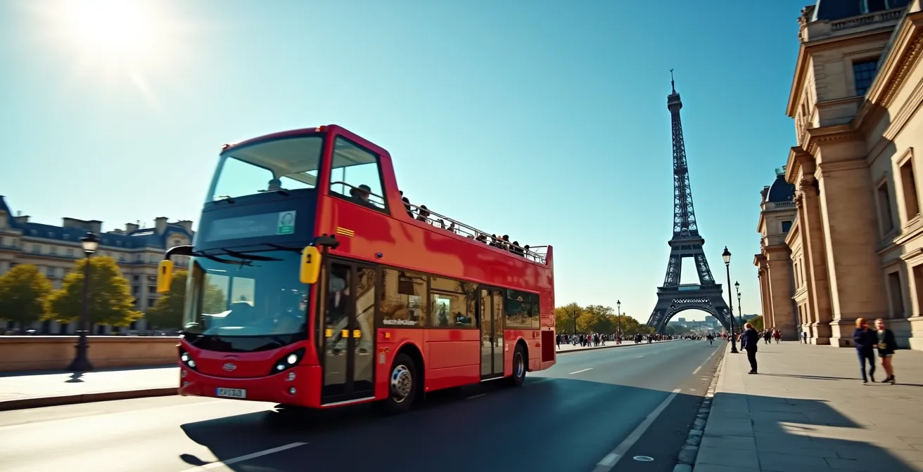 Panoramic view of a Parisian double-decker hop-on hop-off bus passing iconic landmarks like the Eiffel Tower and the Louvre in bright daylight