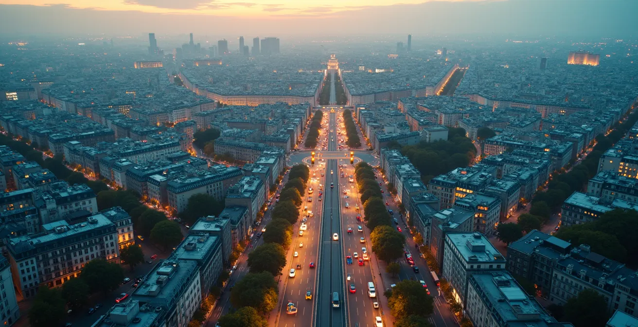 Symbolic aerial view illustration representing the flow of Parisian life seen through routes of a bus tour