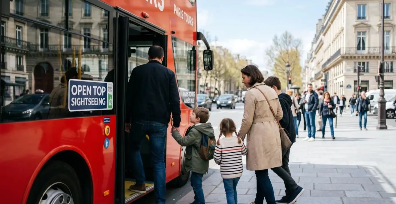 A family with young children boards a red double-decker sightseeing bus on a Paris street, seen from behind showing natural movement