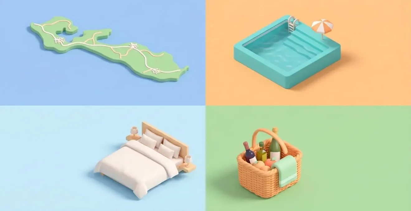 Icônes illustrant les critères de choix d'une villa de luxe : localisation, piscine, literie, accueil.