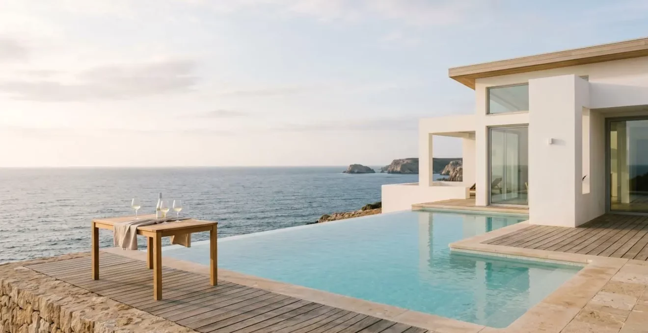 Villa blanche avec piscine à débordement face à l'océan sur l'Île de Ré.