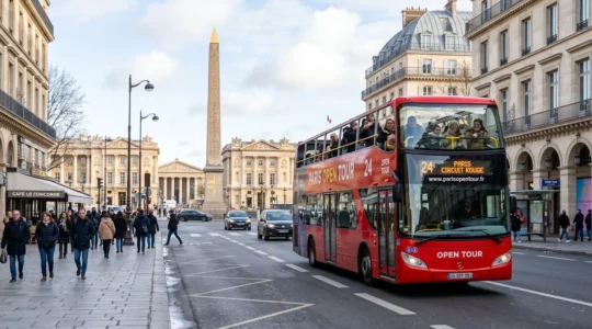 A red double-decker sightseeing bus passes along a Paris street near a historic monument on a bright winter morning