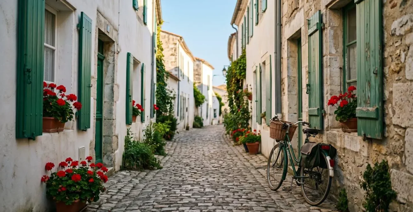 Ruelle pittoresque de Saint-Martin-de-Ré avec maisons blanches et volets verts.
