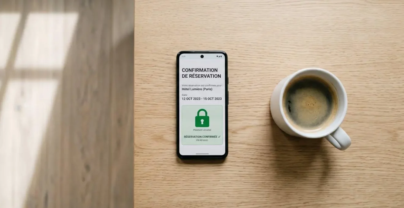 Smartphone affichant une confirmation de réservation sécurisée avec un cadenas vert.