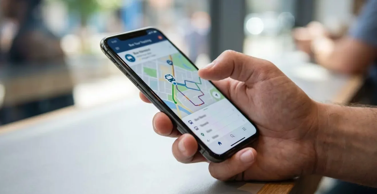 Close-up of a hand holding a smartphone displaying a bus tour app interface with a Paris map and route tracking visible on screen
