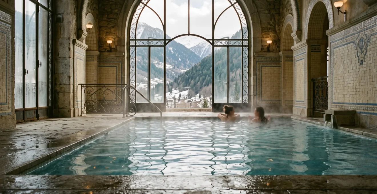 A steaming indoor thermal pool with Belle Époque architecture and a large window opening onto snowy Pyrenean peaks.