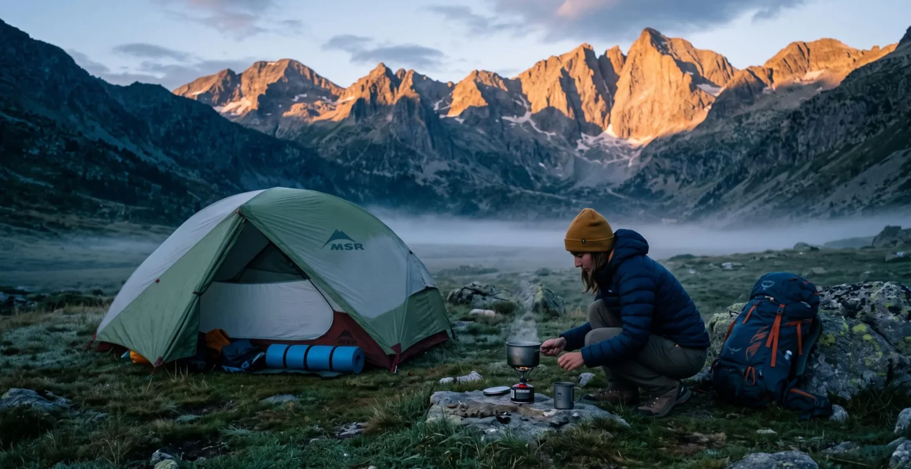 A hiker in a down jacket crouches beside a small stove next to a bivouac tent on a high Pyrenean plateau at sunrise.