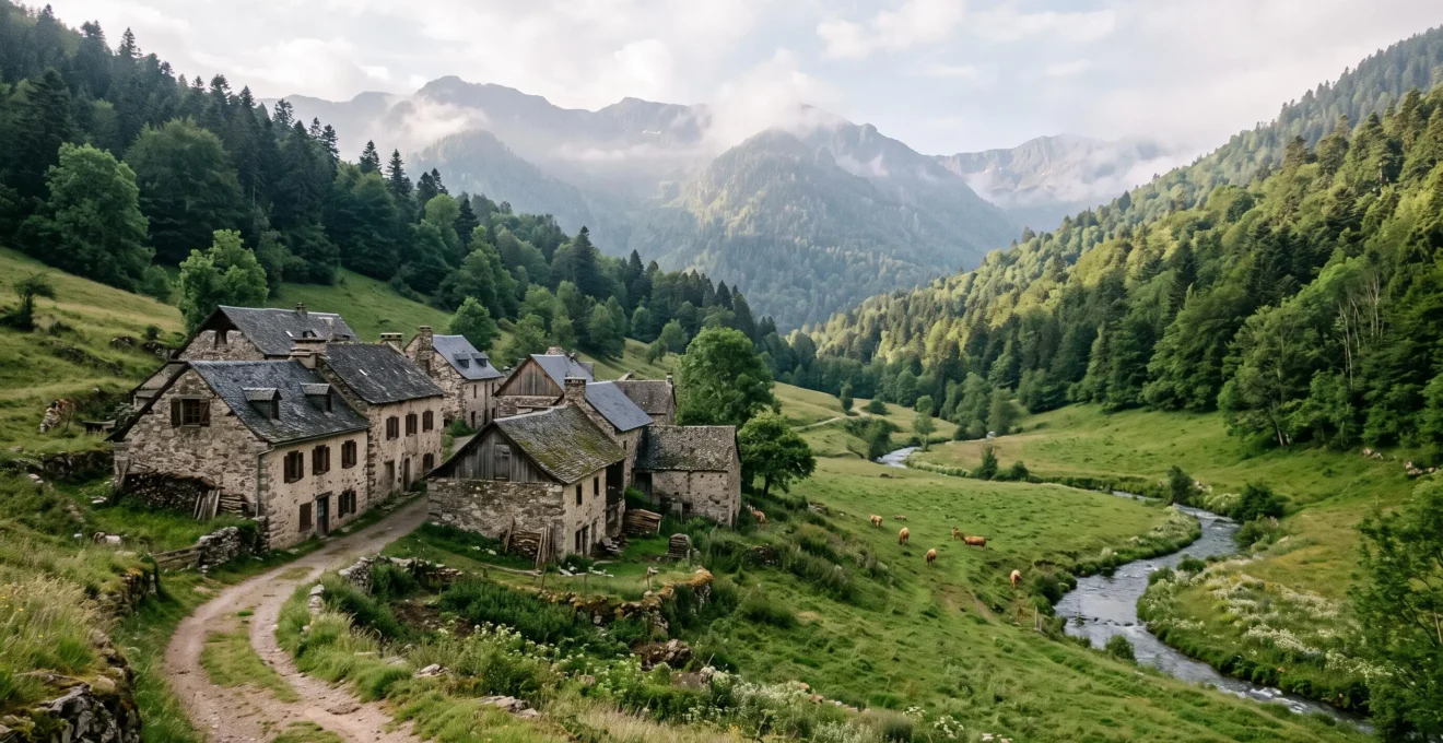 A remote stone hamlet with schist roofs in a wooded Pyrenean valley, with cows grazing in pastures beside a stream.