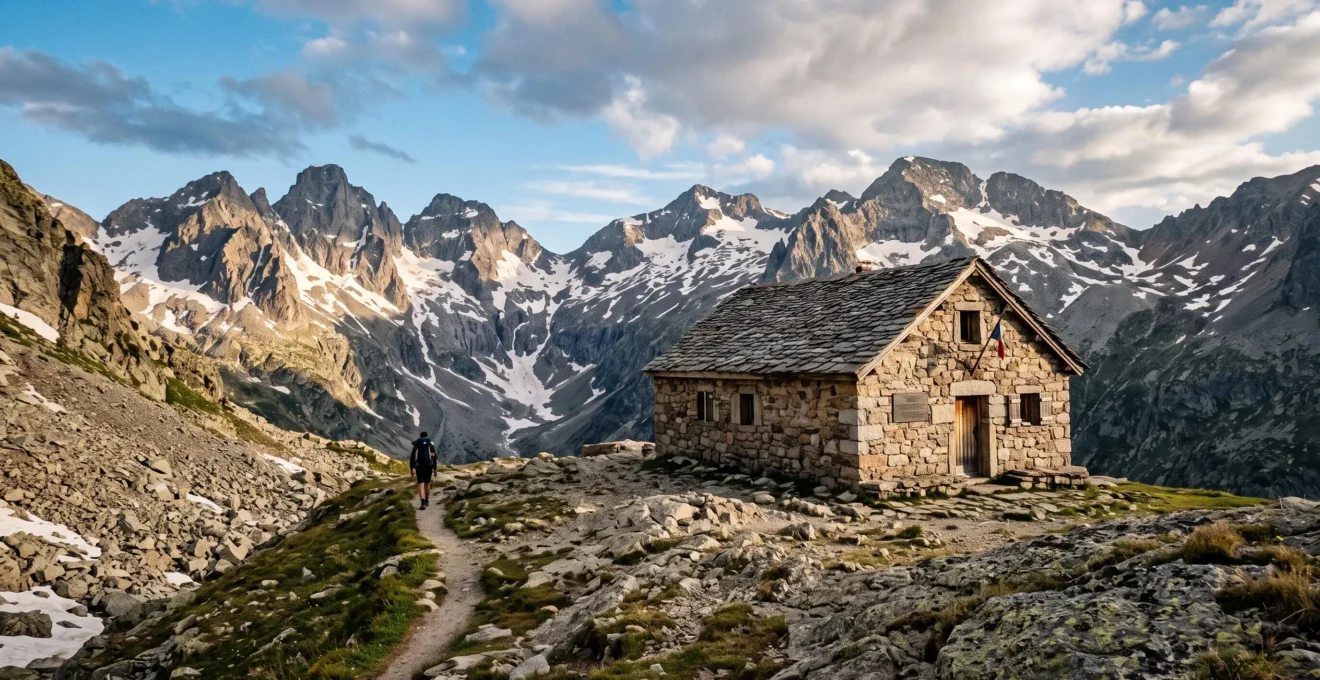 A stone high-altitude refuge in the French Pyrenees facing snow-dusted granite peaks, with a hiking trail leading to its entrance under a dramatic sky.