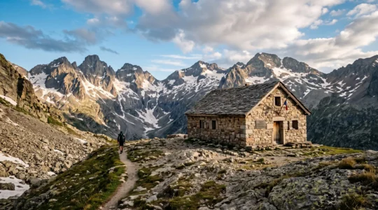 A stone high-altitude refuge in the French Pyrenees facing snow-dusted granite peaks, with a hiking trail leading to its entrance under a dramatic sky.