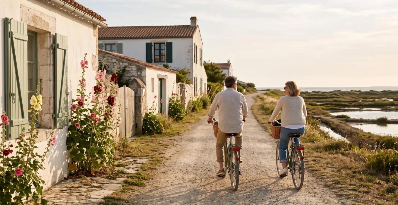 Two cyclists ride a coastal path lined with whitewashed houses on Île de Ré.