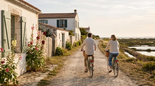 Two cyclists ride a coastal path lined with whitewashed houses on Île de Ré.