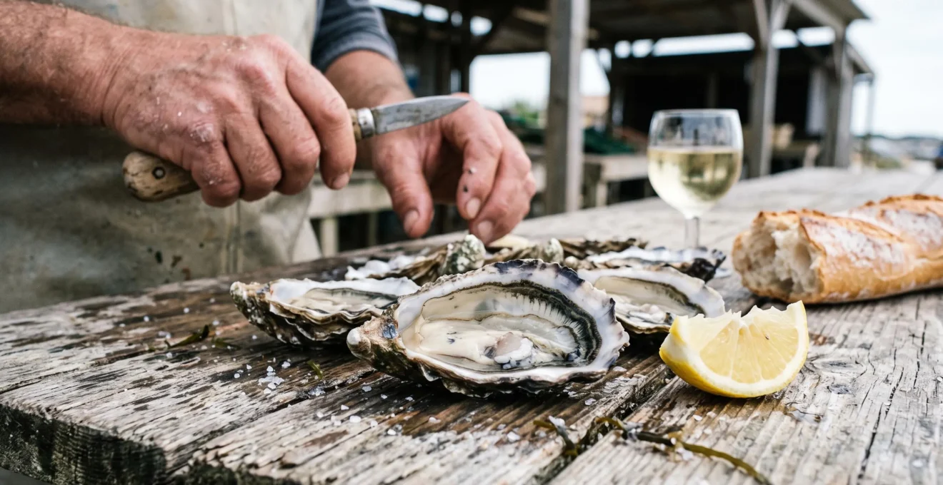 Freshly opened oysters served on a wooden plank at a coastal oyster market.