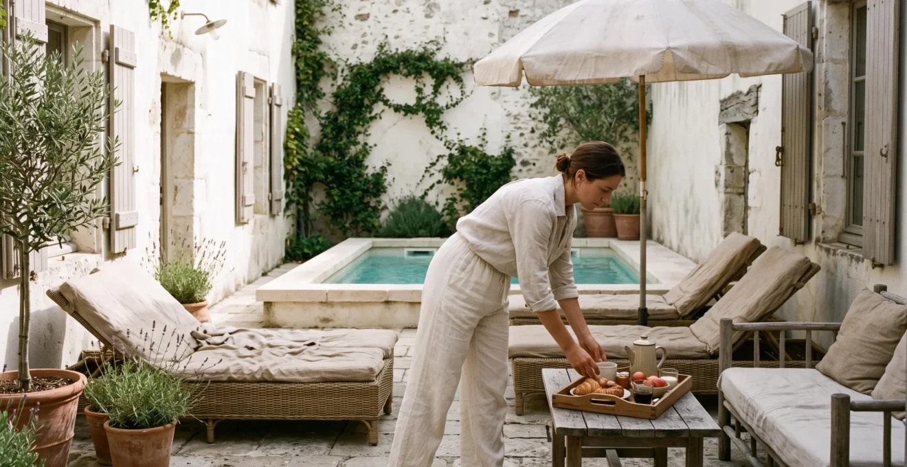 A host sets a breakfast tray in a quiet guesthouse courtyard with a small pool.