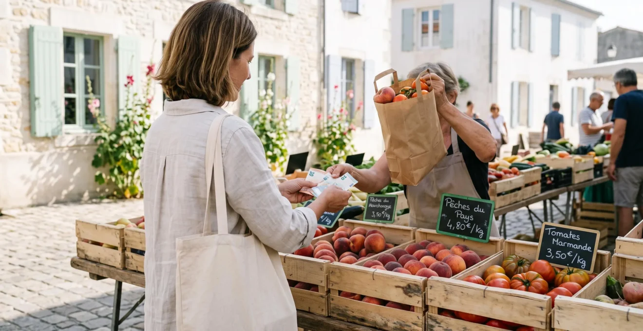 A woman buys fresh produce from a wooden market stall in a French village.